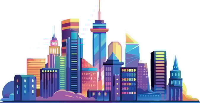 A city skyline with tall buildings and a colorful sky vector