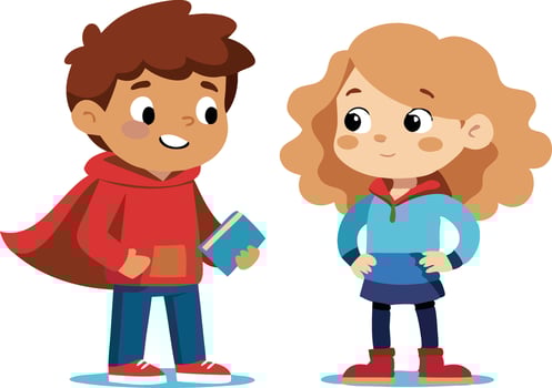 Cute cartoon children with book standing and smiling at each other in casual clothing vector