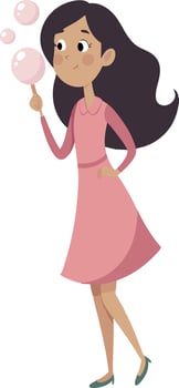 Illustration of a girl blowing bubbles with a playful expression and pink dress vector