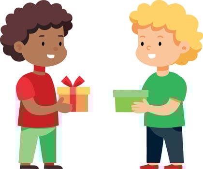 Two happy children exchanging gifts, celebrating friendship and joy vector