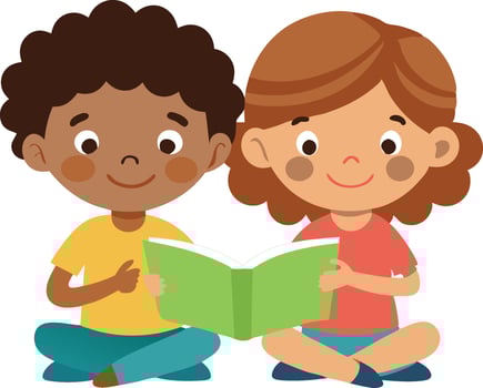 Happy diverse children reading a book together, promoting literacy and friendship vector