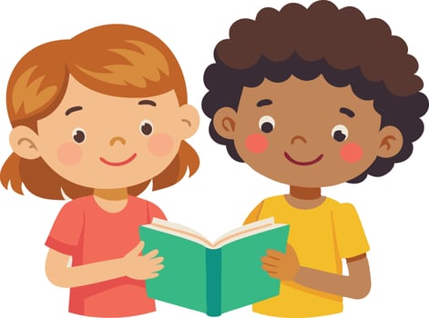 Two children are reading a book together vector