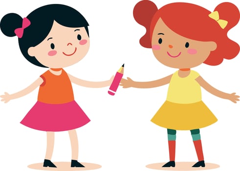 Two girls are holding a pencil and smiling at each other vector