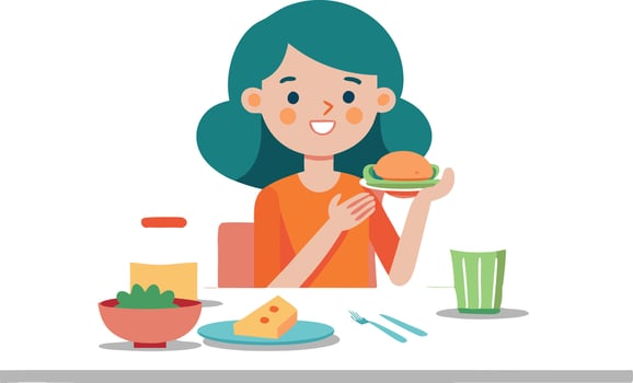A girl is sitting at a table with a sandwich and a cup of coffee vector