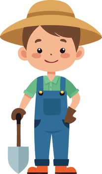 Cartoon farmer boy holding a shovel wearing a hat and overalls on a white background vector
