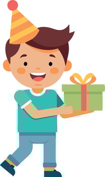 Happy boy holding a gift box wearing party hat and smiling at birthday celebration vector
