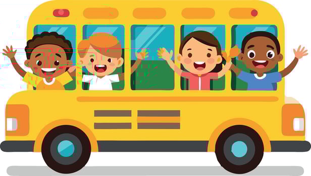 Happy children waving from a yellow school bus on a bright day vector