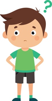 Confused cartoon boy with question mark standing with hands on hips on white background vector