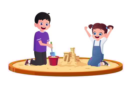 Little Girl and Boy Playing in a Sandbox and Building a Sand Castle Illustration vector