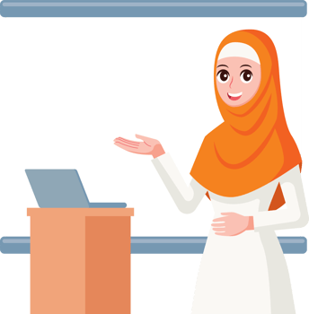 Muslim young lady presentation with empty screen backdrop cartoon illustration png