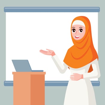Muslim young lady presentation with empty screen backdrop cartoon illustration vector
