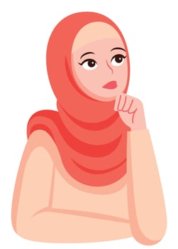 Muslim woman with serious face and thinking hand gesture illustration vector