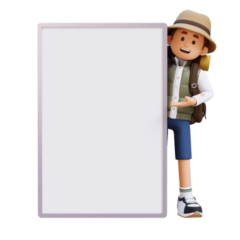 3D Traveller Character Presenting on Blank Placard png