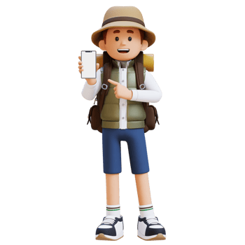 3D Traveller Character Pointing to Empty Phone Screen png