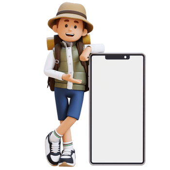 3D Traveller Character Presenting and Lying on Big Empty Phone Screen png