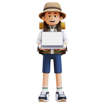 3D Traveller Character Holding Laptop with Empty Screen png