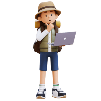 3D Traveller Character Thinking While Working on a Laptop png