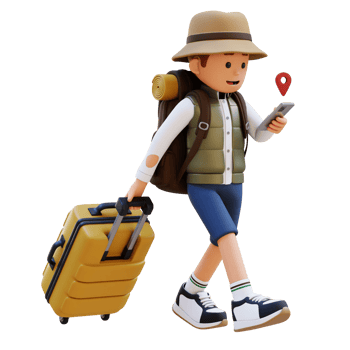 3D Traveller Character Checking Map on Phone while Walking and Pull Suitcase png