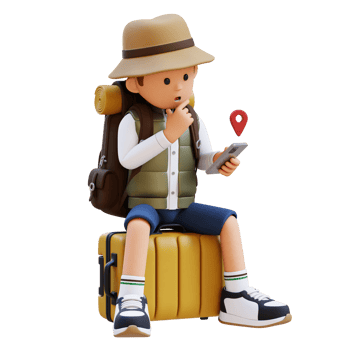 3D Traveller Character Sitting on a Suitcase and checking the GPS Location on smart phone png