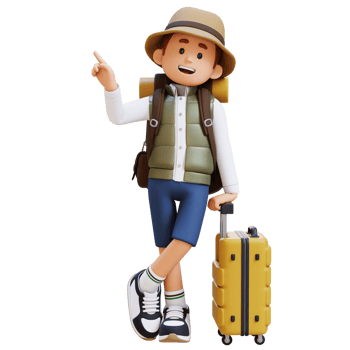 3D Traveller Character Lying on Suitcase while pointing up png