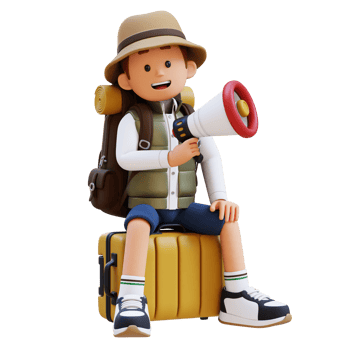 3D Traveller Character Sitting on a Suitcase and holding megaphone png