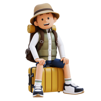 3D Traveller Character Sitting on a Suitcase png
