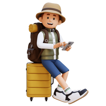 3D Traveller Character Sitting on a Suitcase and holding smart phone png