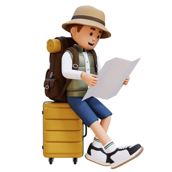 3D Traveller Character Sitting on a Suitcase and Checking the Map png