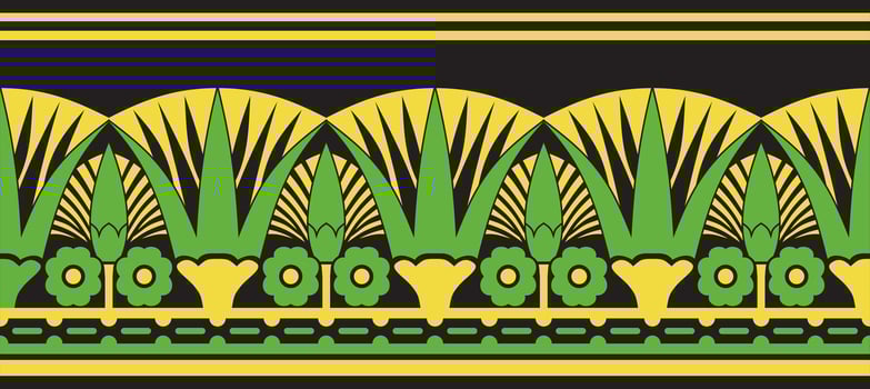 green seamless Egyptian border. Endless ornament of Ancient Africa. Pattern of lotus flowers and sun. vector