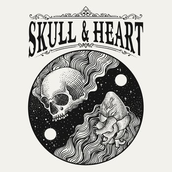 Illustration burning skull and heart hand drawn style - monochrome vector