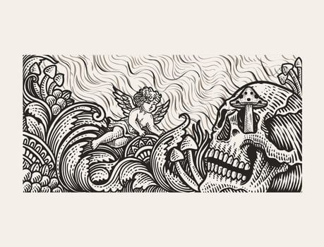 Illustration floral skull with engraving ornament hand drawn - illustration vector
