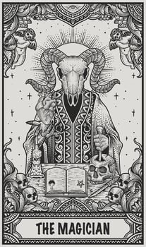 Illustration demon goat skull with engraving ornament frame hand drawn style - Eps 10 vector