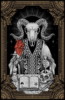 Illustration demon goat skull with engraving ornament frame hand drawn style - Eps 10 vector