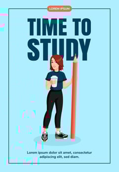 Young woman with huge pencil and cup of coffee. Education, knowledge, student concept Flyer design. Training concept banner, promo, advertising, leaflet. vector