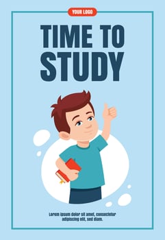 Happy Little boy with book Shows thumbs up. Education, knowledge, student concept Flyer design. Training concept banner, promo, advertising, leaflet. Flat illustration cartoon style. vector