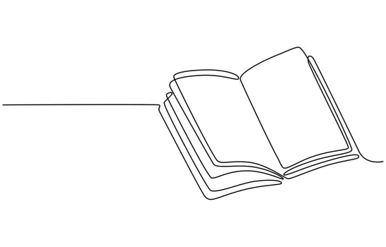 Continuous line drawing of book opening illustration, Continuous one-line drawing of book opening graphic illustration. vector