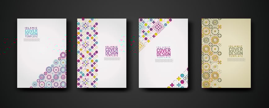 Set islamic cover design template with colorful detail and texture of floral mosaic islamic art ornament. vector