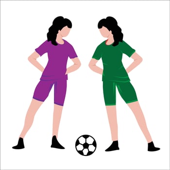 two women in purple and green uniforms standing next to a soccer ball vector