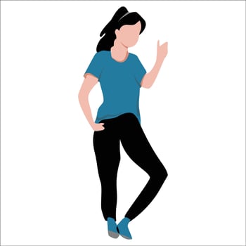 a woman in blue shirt and black pants is pointing her finger vector