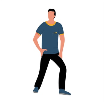 man in blue shirt and black pants standing with hands on hips vector