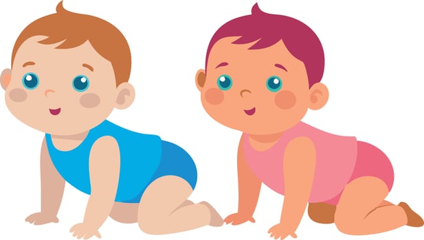 Two babies are sitting on the floor, one is blue and the other is pink vector