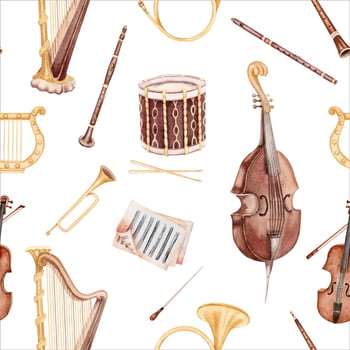 Seamless pattern with classical music instruments. Drum, Bass and Harp with sheet music, violin, flute and clarinet. Vintage style hand drawn watercolor illustration isolated on white background vector