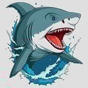 HandDrawn Comic Angry Shark Head Out of Water with Open Mouth, Big Teeth, and Waves vector