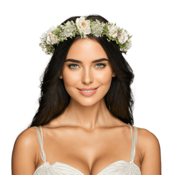 A beautiful woman with long dark hair a floral headband and a soft dreamy smile png