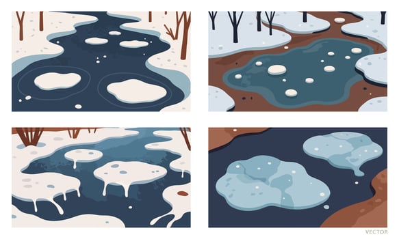 Set of Melting Ice with Water Droplets and Reflections, Poster Background, Vibrant Colors vector