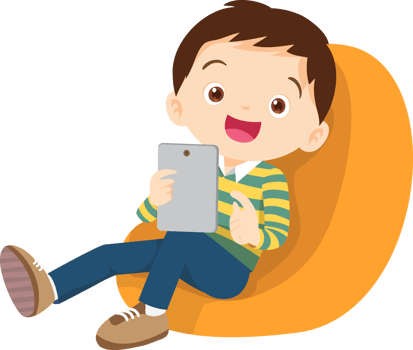 child relax with mobile gadget sitting on beanbag png