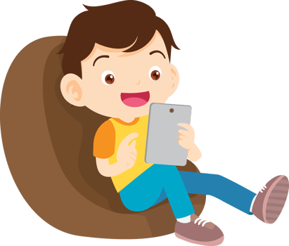 child relax with mobile gadget sitting on beanbag png