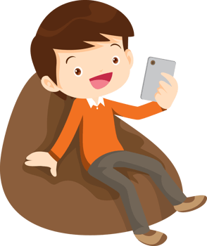 child relax with mobile gadget sitting on beanbag png