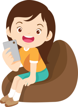 child relax with mobile gadget sitting on beanbag png