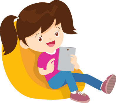 child relax with mobile gadget sitting on beanbag png